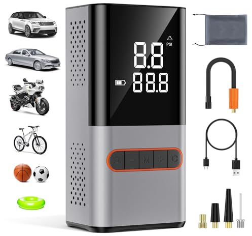 Ofottofo mini Compressore aria Portatile, Gonfiatore per Pneumatici per Auto Cordless da 150 PSI, con Luce LED e Display Digitale LCD Pompa elettrica per Bici, Moto, Pneumatici, Palloncino, Scooter