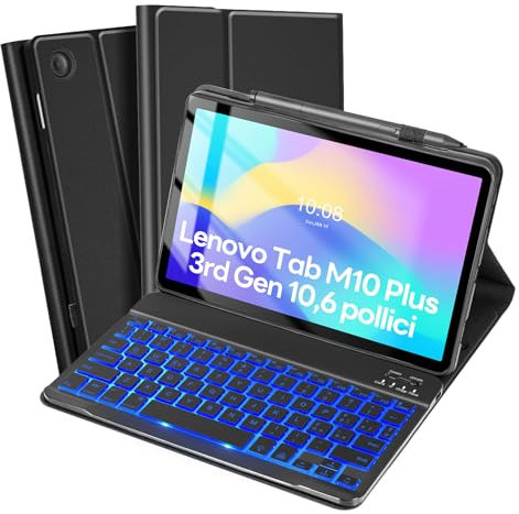 SOPPY Custodia con Tastiera Retroilluminata per Lenovo Tab M10 Plus 3rd Gen 10,6 2022, Custodia Wireless Rimovibile Magnetica Layout Italiana per Lenovo M10 Plus 3rd Gen (TB-125FU/128FU/128XU), Nero