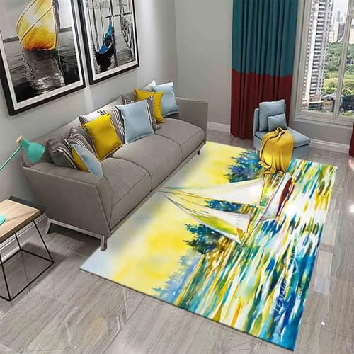 Kinderteppich Ölgemälde Segelboot Sonnenuntergang Meereslandschaft Landschaft - Kurzflor Teppich Kinderzimmer Spielteppich Antiallergen Und Extra Weich - Babyzimmer Teppiche Für Junge Und Mä -7M9T8D0O