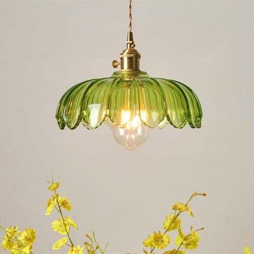 YLTLINK Vintage accesorios de iluminación para la isla de la cocina, industrial vintage 25cm cristal Lotus Lámparas colgantes E27 lámpara de cristal colgante luces semicírculo translúcido verde