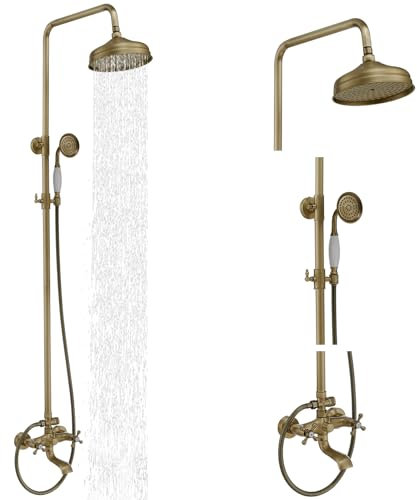 BWE Außenduscharmaturen, antikes Messing, Badezimmer-Duscharmatur, Dreifach-Funktionen, 20,3 cm, Regenduschkopf, Handbrause mit Wannenauslauf freiliegendes Duschsystem, Doppelgriff, Outdoor-Duschset