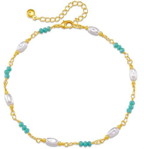 Handgemachte Natürliche Perle Fußkette,Boho Fußkettchen,Perlen Fussketten für Frauen,Kristall Fußkettchen für Damen,Mädchen,Fusskettchen Gold 585 Echtgold,Strand Accessoires,Designer Fußkettchen