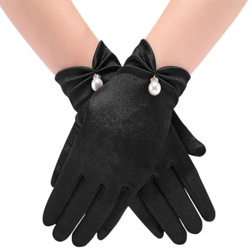 QEDBOJE Damen Elegant Satin Kurze Brauthandschuhe Blumenhandgelenk Spitzenhandschuhe Höflichkeits Sommer Hochzeits Oper Dinner Handschuhe (Schwarz)