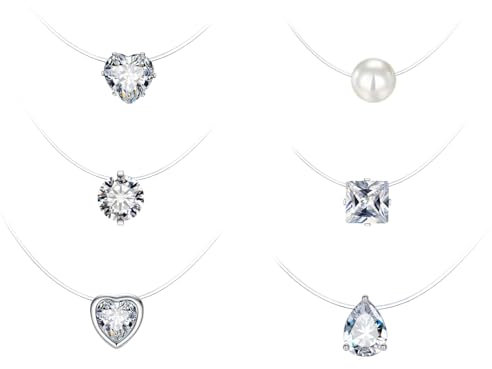 Belons 6 Stück Damen Halsketten Transparente Nylonkette Choker Halskette Schwebender Stein Kette Solitär Zirkonia Perle Anhänger Halskette für Mädchen Frauen