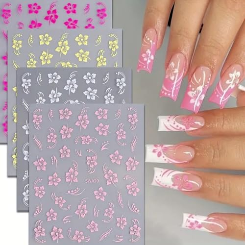 Irikdescia 8 adesivi per unghie a forma di ibisco, 3D, adesivi per unghie, colore bianco, rosa, giallo, magenta, estate, neonato, accessori per nail art, decorazione per unghie per donne