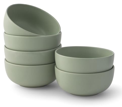 JoyJolt Mesa 23oz Stoneware Soup Bowls, 5.8 Matte Sage Green Cereal Bowls Set of 6 Bowls for Kitchen Pasta Oatmeal Salad Ice Cream or Dessert, Dishwasher and Microwave Safe