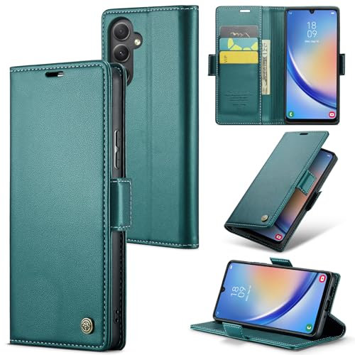 Rerzoiro Coque pour Samsung Galaxy A34 5G, Étui Housse en RFID Protection Premium PU Cuir Portefeuille Rabat Case Magnétique Stand Antichoc, Étui Case pour Samsung Galaxy A34 5G, Bleu Vert