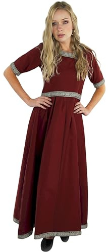 Leonardo Carbone® Damen Kleid Ennlin | Bordüre Design | Schnürung Rücken | Karneval, Halloween, Cosplay, LARP, Mittelalter, Wikinger, Kostüm, A-Linie | 100% Baumwolle Rot XL
