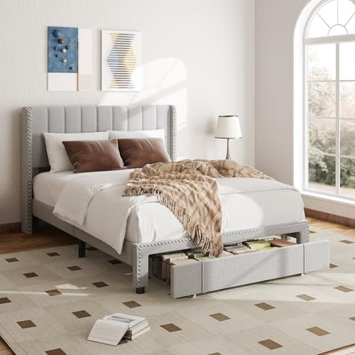 viplov Double Bed Frame, 4tf7 Upholstered Platform Bed with Storage Drawer, Vertical Channel Tufted Wingback and Rivet Decor Headboard, Light Gray