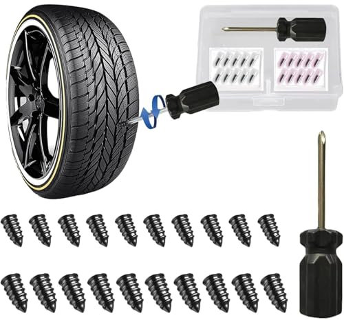 POHOVE 20 PCS Heavy-Duty Tyre Repair Screws, Storage Tool Box, Instant Flat Tire Plug Kit for Car, Bike, Motorbike, Bicycle Emergency Puncture Repair, Self-Service Rubber Nails with Screwdriver