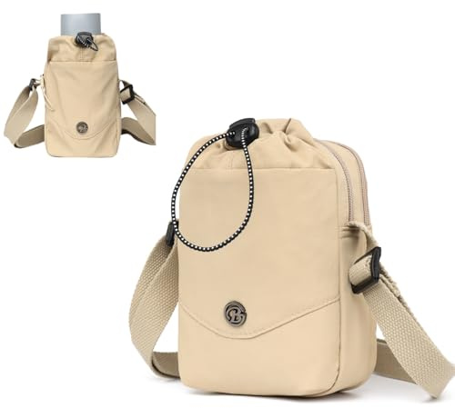 Myhozee Damen Handtasche Nylon Umhängetasche Kleine Handytasche Tasche Herren Crossbody Bag Wasserdicht Taschen mit Trinkbecher-Aufbewahrungstasche Khaki