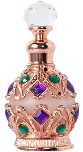CECKQUE Pretty Vintage Perfume Bottles Empty Refillable for Women, Ornate Glass Decor Perfume Vial, Egyptian Antique Crystal Decorative Essential Oil Bottles (Rose Gold)