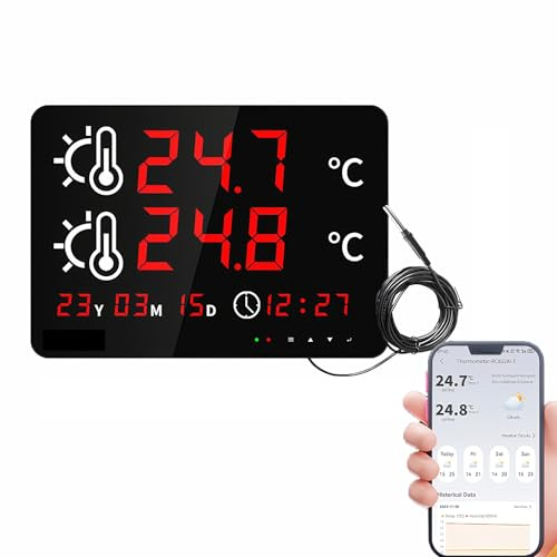 Mengshen Thermomètre numérique WiFi avec sonde étanche pour aquariums, piscines et aquariums avec double écran de température et date et moniteur à distance
