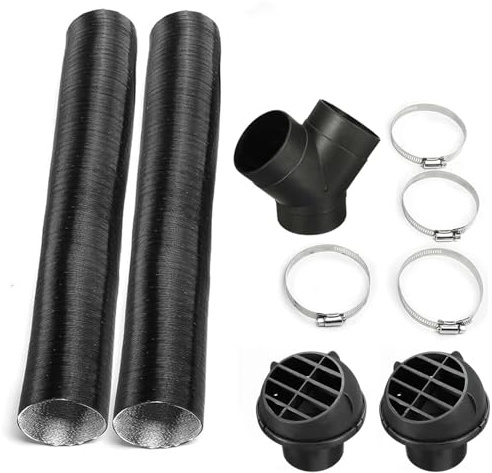 Qikaide 60 mm Diesel-Standheizung, warmes Lüftungsgitter-Set mit 2 flexiblen Kanalschläuchen, Y-förmigem Anschluss, 2 runden Luftauslässen und 4 Klemmen für Auto-, Van-, LKW-, Wohnmobil-Heizsysteme