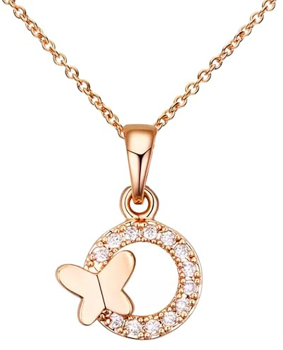 Löb 750er Roségold Vergoldet Halskette Schmetterling Ring Kreis Zirkonia, Damen 18 Karat Kette Ringanhänger Steine Modern Minimalistisch Dezent Zart Filigran
