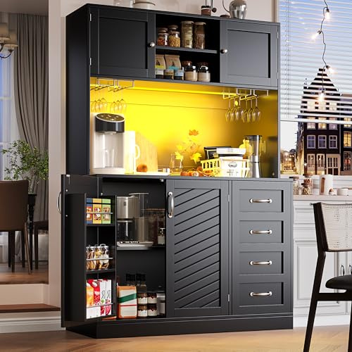 Qsddk Küchenschrank mit Arbeitsplatte und LED-Beleuchtung, Buffetschrank Küchenschränke mit Snackregal und Getränkehaltern, Küchenbuffet Buffetschrank mit 2 Schubladen, 120x40x188 cm, Schwarz