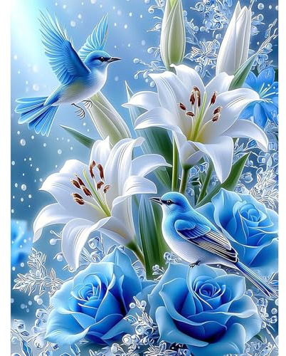 TOSTOG Blaumeise Diamond Painting für Erwachsene, weiße Lilie Diamant Painting Kits Full Drill Bilder 5D DIY Diamant Malerei Set 30x40cm für Wanddekor