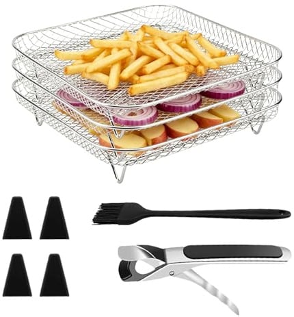 Airfryer Heißluftfritteuse Stapelbare Körbe, Edelstahl Air Fryer Korb Tray, Quadratisch Edelstahl Gitter, 3 Stück 19,5 x 19,5 x 4,9 cm Silikonfüßen, Pinzett, Ölpinsel, für Ofen