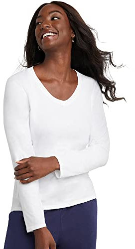 Hanes Women's Originals Long Sleeve Cotton T-Shirt, Lightweight V-Neck Tee, Modern Fit, White, XL
