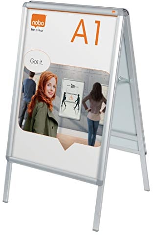 Nobo - Chevalet Porte-Affiche A0 avec Cadre Clipsable en Aluminium, Stop-Trottoir Autoportant Double-Face avec Revêtement Anti-Reflet, Premium Plus, Argenté, 1902204