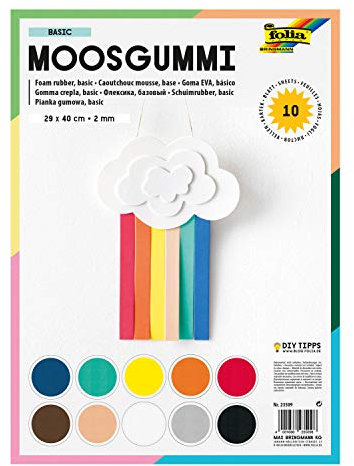 folia 23509 - Moosgummi, 10 Bögen in 10 Farben sortiert, 2 mm, ca. 29 x 40 cm - ideal für vielfältige Bastelarbeiten