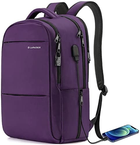 LAPACKER 15.6-17 inch Business Laptop Backpacks for Women Mens, Water Resistant Laptop Travel Bag with USB Charging Port, Lightweight College Students Notebook Computer Backpack - Purple