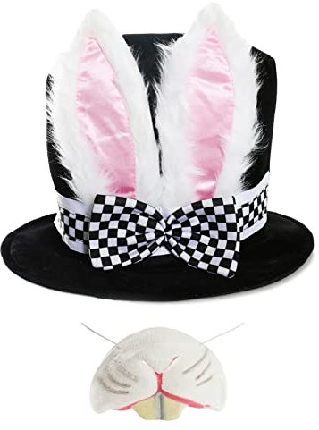 Deluxe-Kostümhut für Erwachsene, Alice im Wunderland, Kaninchenhut mit den großen Ohren und Schleife + Kaninchen-Nase, ideal für Partys, Kostüm-Zubehör