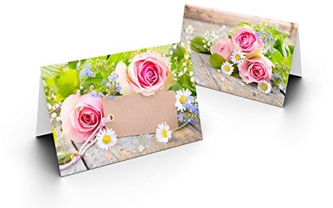 25 Tischkarten (Grün mit Rose) UV-Lack glänzend - für Hochzeit, Geburtstag, Taufe, Kommunion, Firmung, Jubiläum als liebevolle Tischdekoration!Format 8,5 x 11,2 cm