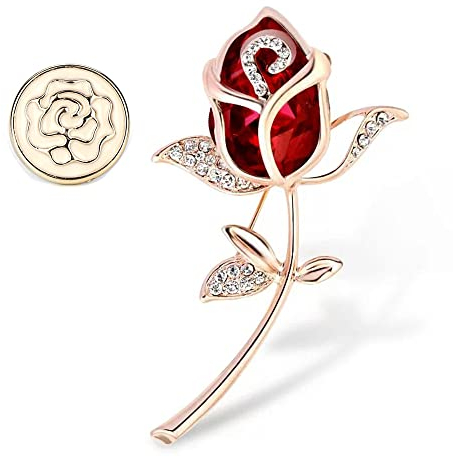 WayOuter Broche Fantaisies Fleur Rose Crystal Bijoux pour Femme Vêtement Broches Accessoires (Rouge)