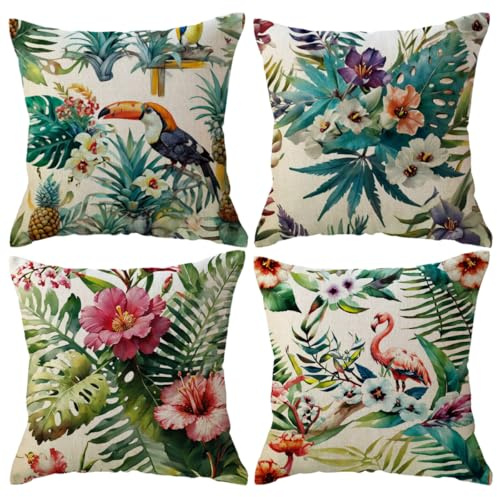 ULOVE LOVE YOURSELF Dekorative Kissenbezüge, Dekokissen, Zierkissen mit Flamingo-Motiv und tropischen Blumenblättern, Baumwollleinen, 45,7 x 45,7 cm, 4 Stück (Flamingo-1)