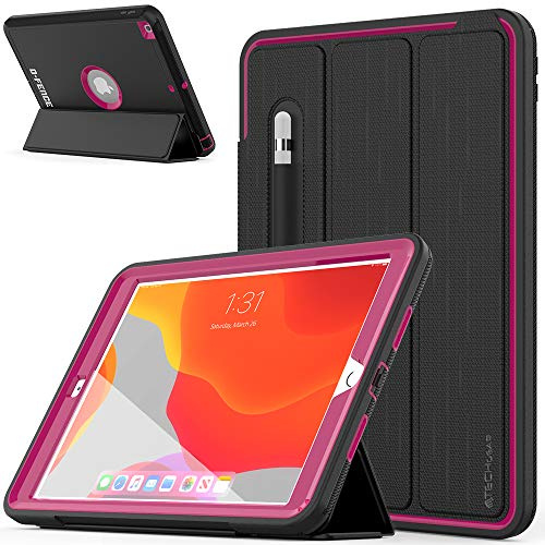 TECHGEAR D-FENCE Design For Apple iPad 10.2 2021/2020 / 2019 9th, 8th, 7th Generation, Slim Shockproof Tough Rugged Protective Armour Smart Case + Stand, Schools Builders Workman Kids Case [Rose]