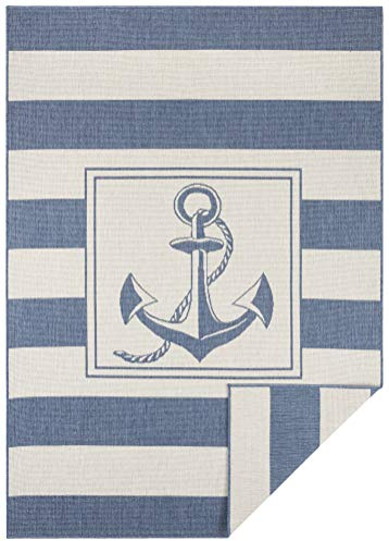 NORTHRUGS In- und Outdoor Teppich Gandara 160x230cm - Wendeteppich Wetterfest Modernes Design mit Anker-Motiv Läufer für Balkon Terrasse Garten Wintergarten Wohnzimmerteppich Wasserfest in Blau Creme