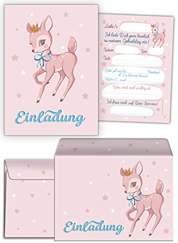 JuNa-Experten 12 Einladungskarten inc. 12 Umschläge zum Kindergeburtstag Mädchen Bambi Einladungen zum Geburtstag