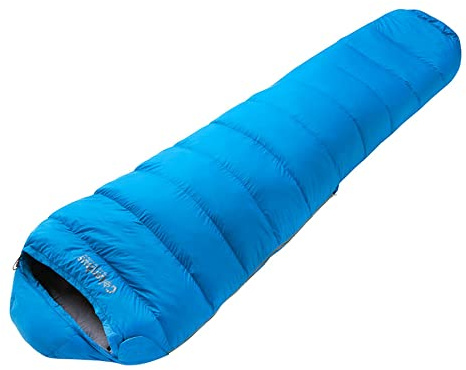 COLUMBUS - Everest 450 3-Jahreszeiten-Mumienschlafsack aus Daunen in Blau und Grau. Abmessungen: 210 x 75 x 50 cm