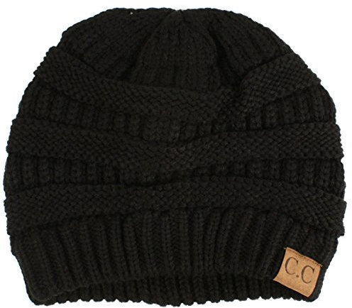 CC Fleeced Fuzzy Lined Unisex Chunky Thick Warm Stretchy Beanie Hat Cap - Schwarz - Einheitsgröße