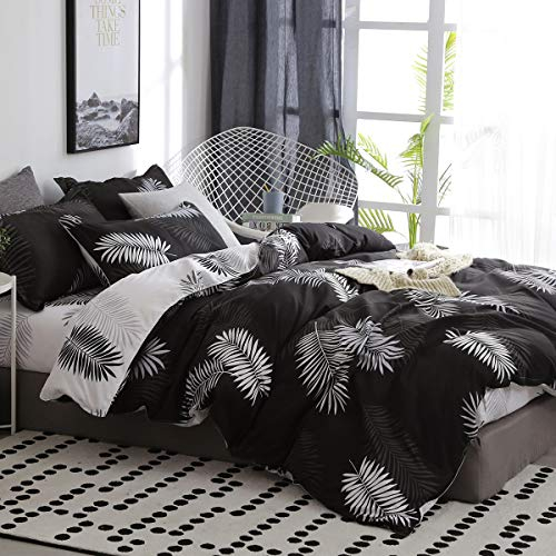 Omela Bettwäsche 200x220 Schwarz Weiß Wendebettwäsche Palmenblätter Muster Bettbezug 3 Teilig Microfaser Tropische Blätter Deckenbezug mit Reißverschluss und Kissenbezug 80x80 cm