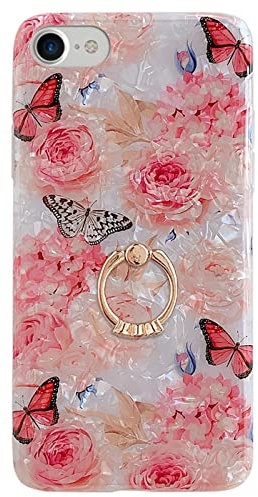 Qokey Compatible with iPhone SE 2020, 7, 8 4.7 inch Rose Butterfly Flower Cute Fashion Case, 360 Degree Rotating Ring Kickstand, Soft TPU Shockproof Cover