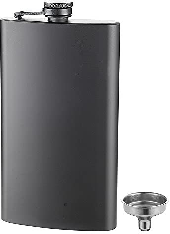 FYL 12 Oz 18/8 Stainless Steel Hip Flask for Liquor with Never-Lose Cap, Leakproof Easy Pour Funnel is Included, Matte Black