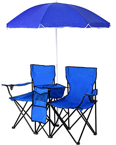 TANGZON Double Camping Chair, Portable Folding Loveseat Chair with Umbrella and Carry Bag, Outdoor Leisure Lover Chairs for Finishing, Picnic, Travel, Hiking, Beach and BBQ (Blue)