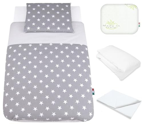 baby idea Next to Me Kompatible Bettlaken 5-teilig: Neugeborenen-Kissen, Kissenbezug, Bettdecke, Bettbezug, Spannbettlaken für Babybett Chicco Kinderkraft Cam Brevi Oeko-TEX (Stella G) Grau Standard