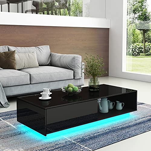 Couchtisch Mit Stauraum in Schwarz Glänzend - LED-Leuchten, Rechteckiger Mitteltisch für Wohnzimmer Mit Schublade und Offenem Regal, 95 x 55 x 31 cm (2,5 m LED)