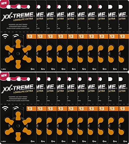 XX-Treme Longlife Extra Hörgerätebatterien Typ 13-120 Stück Hörgeräte Batterien konzipiert für höchste Leistung - Pack mit 20 Blistern à 6 Hörgerätebatterien – PR48 Farbcode orange 1,45 Volt