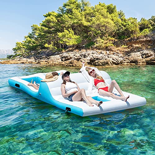 COSTWAY Inflatable Floating Island, Giant Float Raft with Electric Pump, Ice Chest and Built-in Cup Holders, Lounger & Wading Combo Water Pool Toy for 4-6 Persons