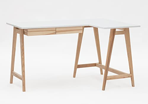 Eckschreibtisch Luka Tisch Mit L-Form Winkelschreibtisch Schreibtisch Bürotisch Ecktisch Arbeitstisch Studie Tisch Computertisch - 135 cm + 85 cm - Rechte Seite - Massivholz Esche - Weiss