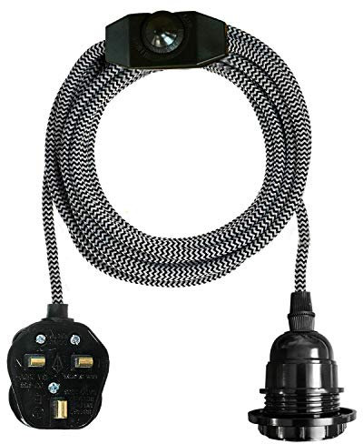 LEDSone Industrial Hanging Pendant Light with Plug-in, E27 Suspended Lamp Holder, 4m Fabric Flexible Cable with Dimmer Switch for Ceiling Hanging Lights (Black & White)