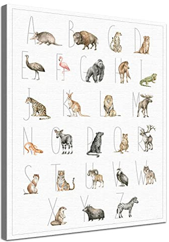 LANA KK Leinwandbild - Tierwelt ABC Tiere 1 – für Kinder, Globus, Erde, Tiere, liebevoll gezeichnet, englisch, 70 x 100 cm