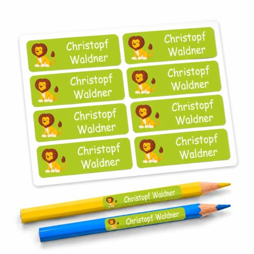 INDIGOS UG® 80 x Namensaufkleber 35x10mm - Löwe - fester Untergrund - für Kinder, Schule und Kindergarten - Stifte, Federmappe, Lineale - individuell personalisiert