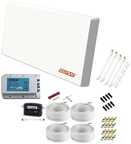 SELFSAT H22D4+ Set - Quad Flachantenne Full HD 4K UHD für Vier Teilnehmer inkl. Fensterhalterung + SAT-Finder + Fensterdurchführung + F-Stecker + Wetterschutztüllen