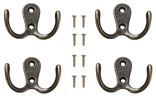 Yesmin 4 Pcs Double Prong Robe Hooks, Dual Coat Hooks Wall Mounted Hanging Clothes for Bathroom Bedroom Door Wall Retro Metal Cloth Hanger Double Coat Hooks with 8 Screws (Vintage)