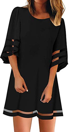 Bluse O Hemd Ausschnitt 3/4 Top Mesh-Glocke Kleider-Ärmellänge Frauen lose Frauenkleid Sexy Sommerkleid (Black, M)